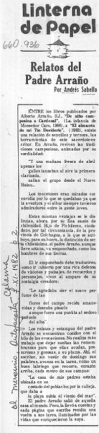 Relatos del padre Arraño  [artículo] Andrés Sabella.