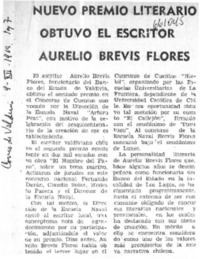 Nuevo premio literario obtuvo el escritor Aurelio Brevis Flores.  [artículo]