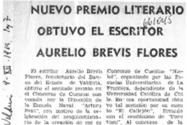 Nuevo premio literario obtuvo el escritor Aurelio Brevis Flores.  [artículo]