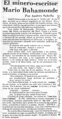 El minero-escritor Mario Bahamonde  [artículo] Andrés Sabella.