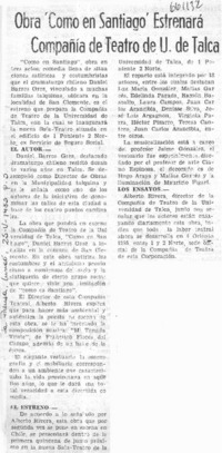 Obra "Como en Santiago" estrenará compañía de Teatro de U. de Talca.  [artículo]