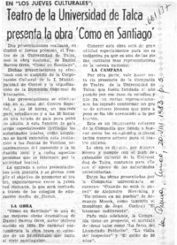 Teatro de la Universidad de Talca presenta la obra "Como en Santiago".  [artículo]