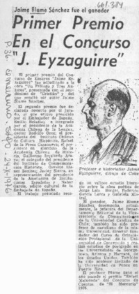 Primer premio en el concurso "J. Eyzaguirre".  [artículo]