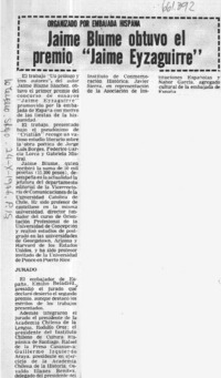 Jaime Blume obtuvo el premio "Jaime Eyzaguirre"  [artículo]