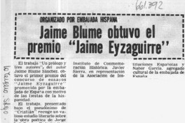 Jaime Blume obtuvo el premio "Jaime Eyzaguirre"  [artículo]