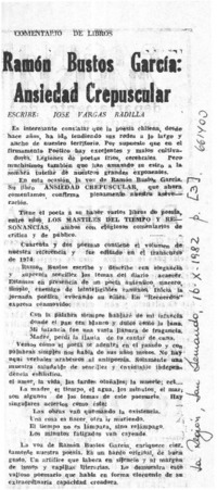 Ramón Bustos García, ansiedad crepuscular  [artículo] José Vargas Badilla.
