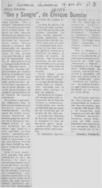 Oro y sangre" de Enrique Bunster  [artículo] Charles L. Fischer B.