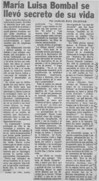 María Luisa Bombal se llevó secreto de su vida  [artículo] Carlos Ruiz Zaldívar.