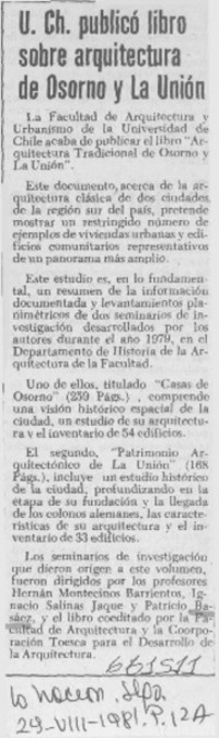 U. Ch. publicó libro sobre arquitectura de Osorno y La Unión.