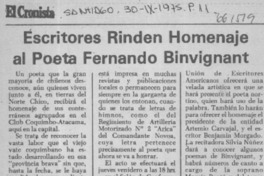 Escritores rinden homenaje al poeta Fernando Binvignat.  [artículo]