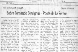 Sobre Fernando Binvignat, poeta de La Serena  [artículo] Héctor Leiva Oyarzún.