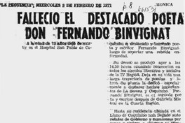 Falleció el destacado poeta Don Fernando Binvignat.  [artículo]