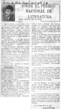Sobre el premio nacional de literatura  [artículo] Augusto César Roa Villagra.