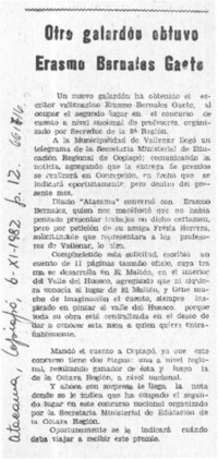 Otro galardón obtuvo Erasmo Bernales Gaete.  [artículo]