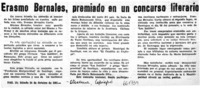 Erasmo Bernales, premiado en un concurso literario.  [artículo]