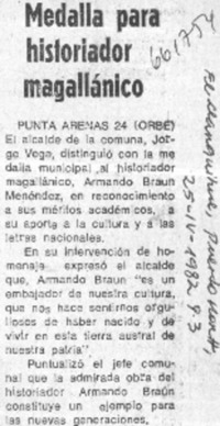 Medalla para historiador magallánico.  [artículo]