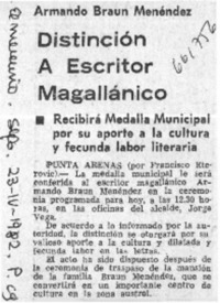 Distinción a escritor magallánico.  [artículo]