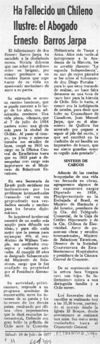 Ha fallecido un chileno ilustre, el abogado Ernesto Barros Jarpa.  [artículo]