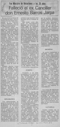 Falleció ex Canciller don Ernesto Barros Jarpa.  [artículo]