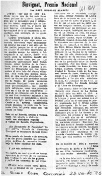 Binvignat, premio nacional  [artículo] Raúl Morales Álvarez.
