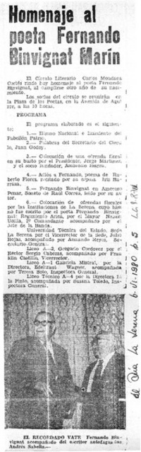 Homenaje al poeta Fernando Binvignat Marín.  [artículo]