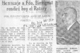 Homenaje a Fdo. Binvignat rendirá hoy el Rotary.  [artículo]