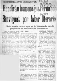 Rendirán homenaje a Fernando Binvignat por labor literaria.  [artículo]