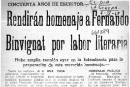 Rendirán homenaje a Fernando Binvignat por labor literaria.  [artículo]