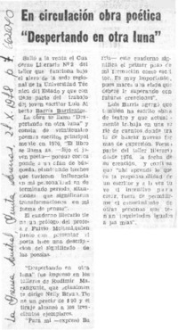 En circulación obra poética "Despertando en otra luna".  [artículo]