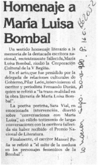 Homenaje a María Luisa Bombal.  [artículo]
