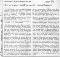 Homenaje a escritora María Luisa Bombal.  [artículo]