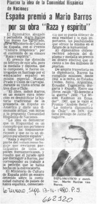 España premió a Mario Barros por su obra "Raza y espíritu"  [artículo]