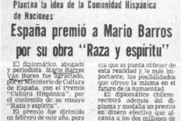 España premió a Mario Barros por su obra "Raza y espíritu"  [artículo]