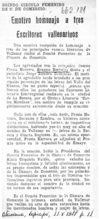Emotivo homenaje a tres escritores vallenarinos.  [artículo]