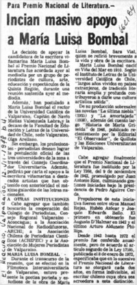 Inician masivo apoyo a María Luisa Bombal.  [artículo]