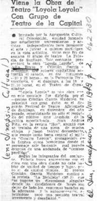 Viene la obra de teatro "Loyola Loyola" con grupo de teatro de la capital.  [artículo]