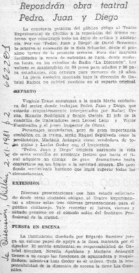 Repondrán obra teatral Pedro, Juan y Diego.  [artículo]