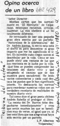 Opina acerca de un libro  [artículo] L. P. Albornoz.