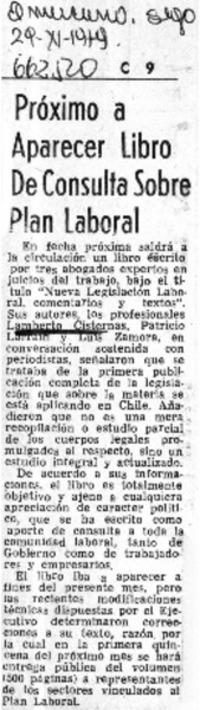 Próximo a aparecer libro de consulta sobre plan laboral.  [artículo]