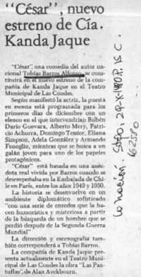 César", nuevo estrenos de Cía. Kanda Jaque.  [artículo]