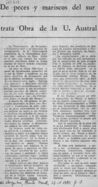 De peces y mariscos del sur trata obra de la U. Austral.  [artículo]