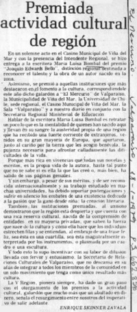 Premiada actividad cultural de región  [artículo] Enrique Skinner Zavala.