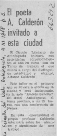 El poeta A. Calderón invitado a esta ciudad.  [artículo]