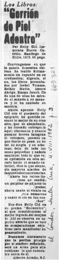 Gorrión de piel adentro  [artículo] Alberto Arraño S. J.