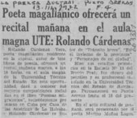 Poeta magallánico ofrecerá un recital mañana en el aula magna UTE, Rolando Cárdenas.  [artículo]