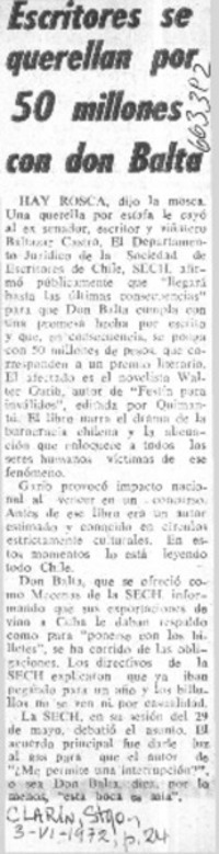 Escritores se querellan por 50 millones con don Balta.  [artículo]