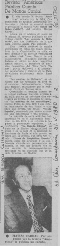Revista "Américas" publica cuento de Matías Cardal.  [artículo]