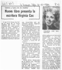 Nuevo libro presenta la escritora Virginia Cox.