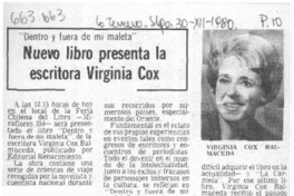 Nuevo libro presenta la escritora Virginia Cox.