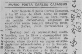 Murió poeta Carlos Casassus.  [artículo]